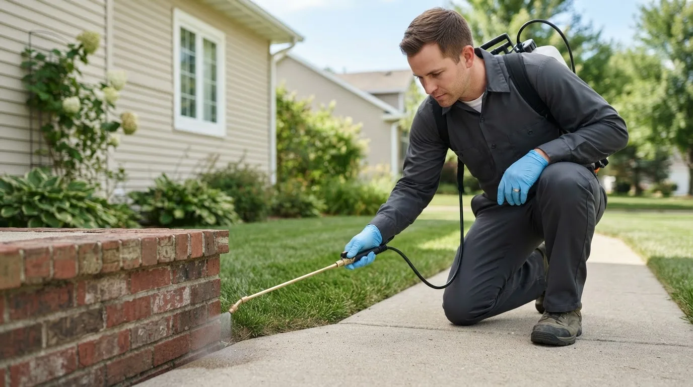 Pest control technician treating a home near Earlville, IA