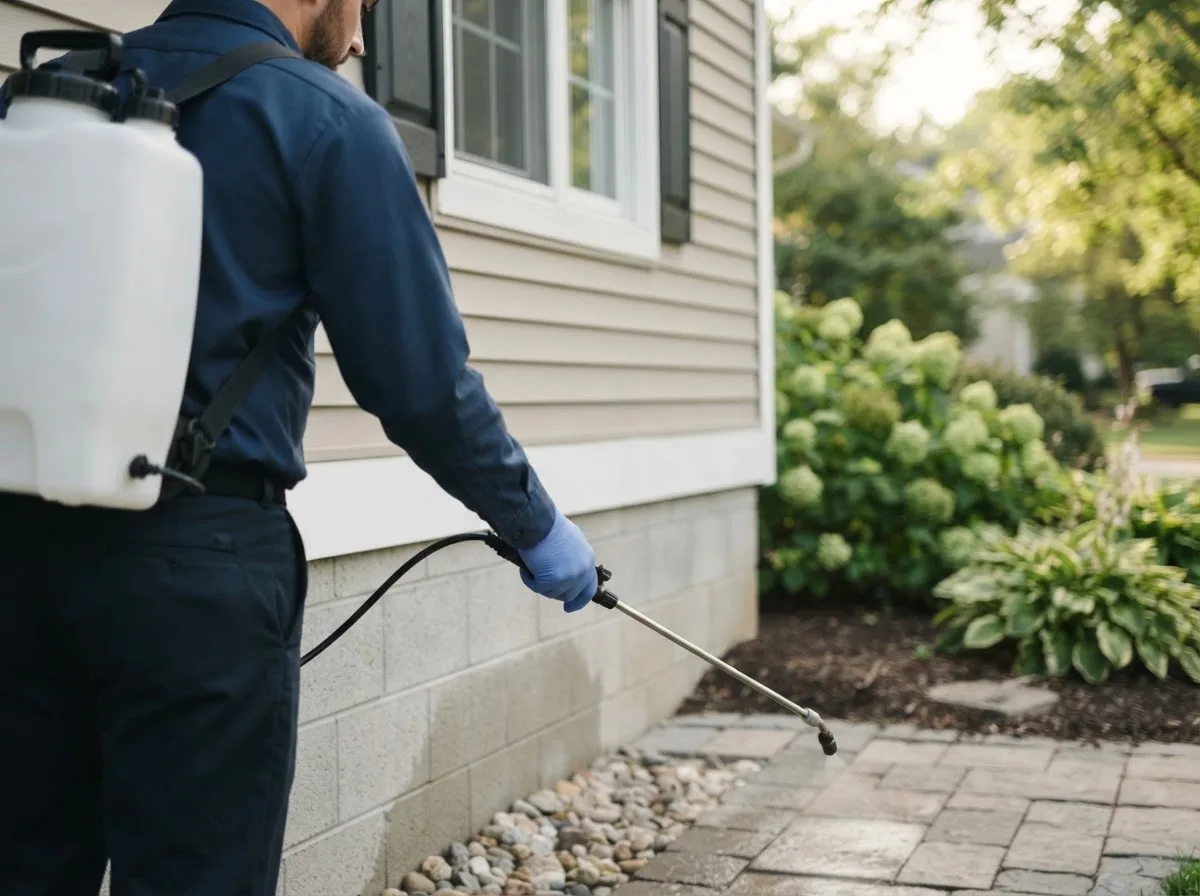 Pest control technician inspecting a home in Earlville, IA